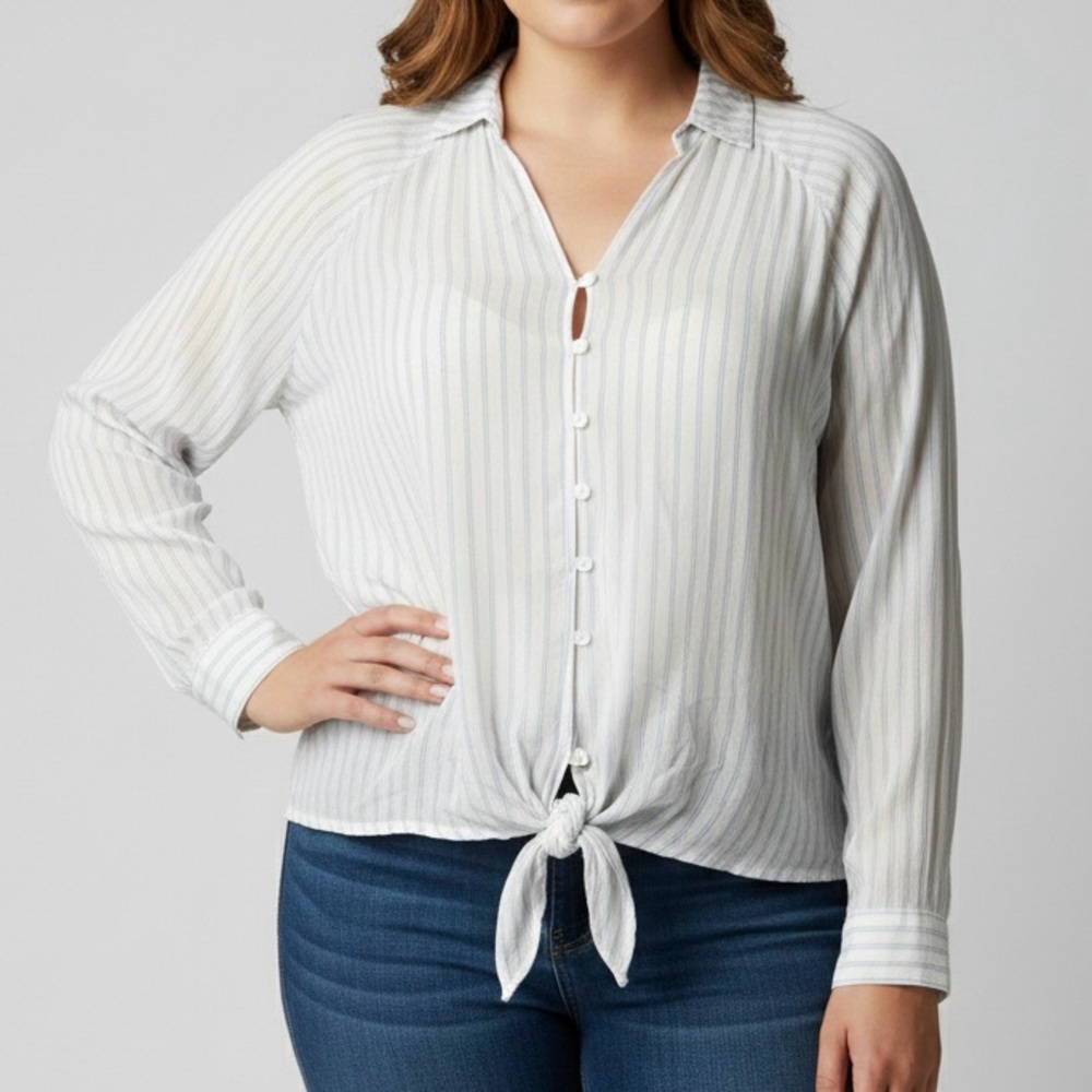FOREVER 21+ Blue White Pinstriped Button Down Tie Front Collared Blouse Top 3X